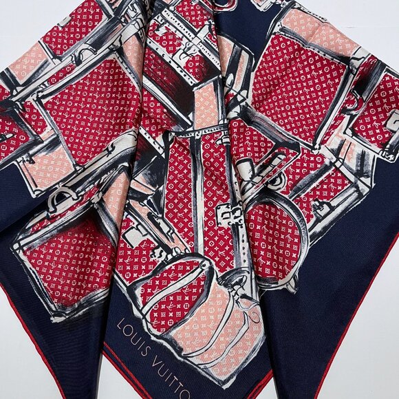 New Louis Vuitton Trunks & Luggage Monogram Blue Red Pink Silk Scarf - Picture 15 of 15